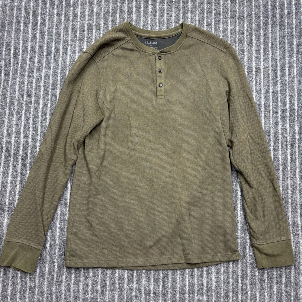 01.Algo Mens Henley Shirt Size M Forest Green Performance Waffle Long Sleeve